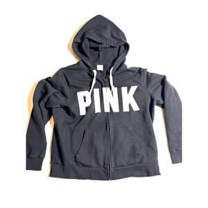 PINK Victoria's Secret Hoodie Sweatshirt Womens XL Black Full Zip Spell Out